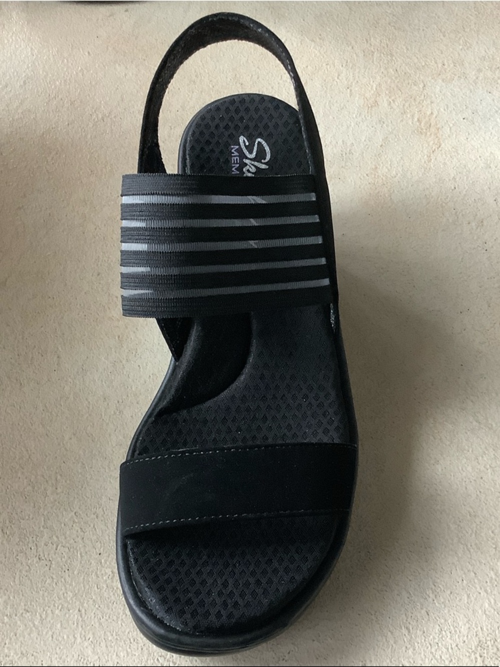 Skechers Women's Black Wedge Slide Sandal with Sheer Striped Elastic Strap